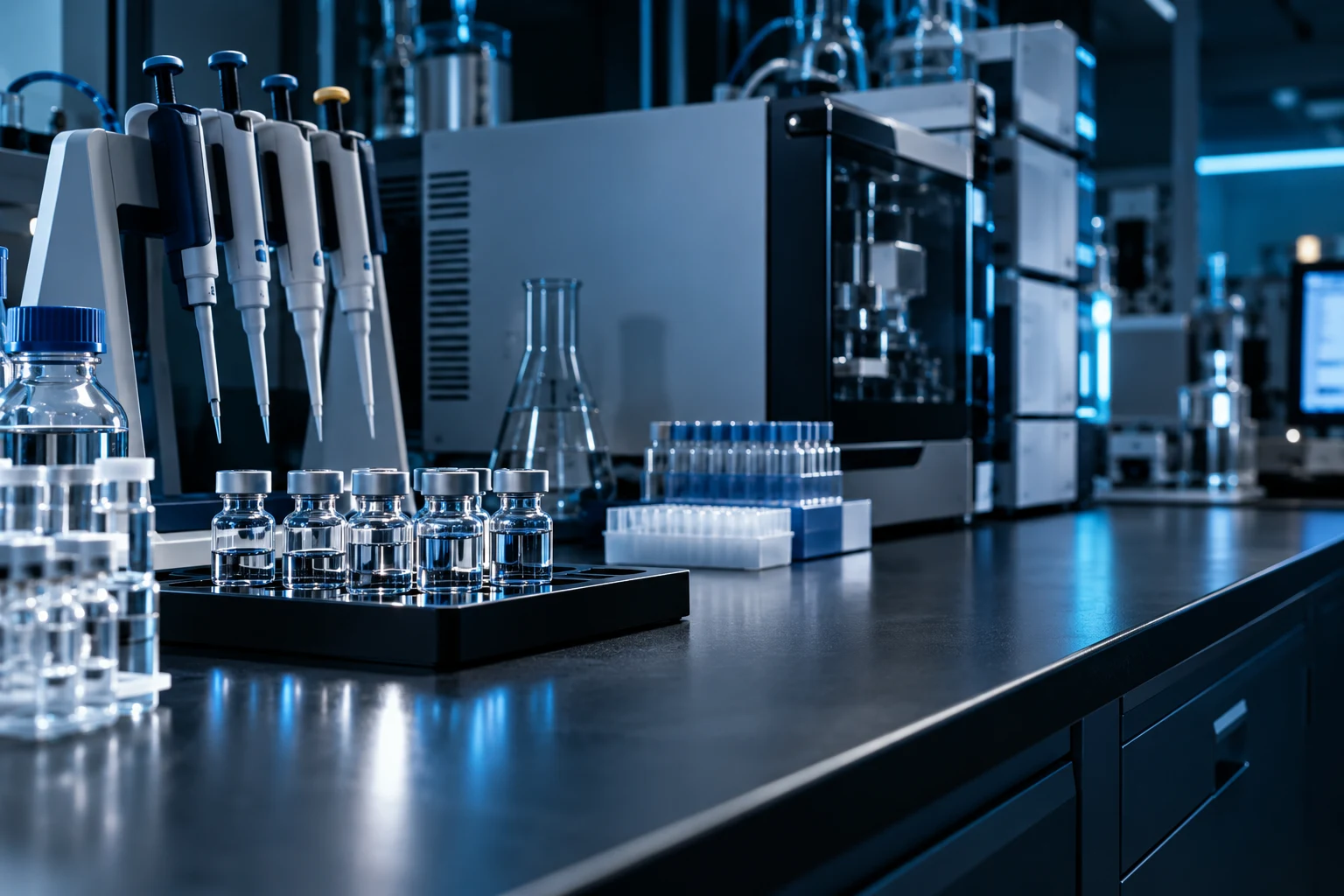 Symbolische Aufnahme eines modernen Laborarbeitsplatzes mit Probengefäßen und Analysegeräten